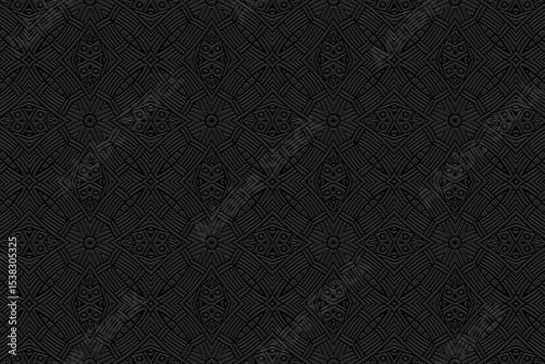 Ethnic black background, cover design, banner, wallpaper. Geometric decorative tribal 3D pattern, embossing. Exotic ornaments, arabesques, mandala, fresco of the East, Asia, India, Mexico, Aztec, Peru