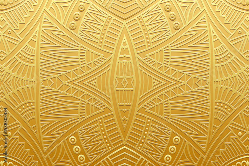 Ethnic gold background, cover design, banner, wallpaper. Geometric creative gold 3D pattern, embossing. Exotic ornaments, arabesques, mandala, fresco of the East, Asia, India, Mexico, Aztec, Peru.
