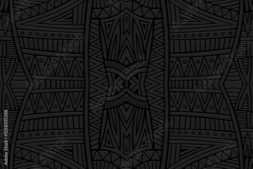 Ethnic black background, cover design, banner, wallpaper. Geometric unique 3D pattern, embossing. Exotic ornaments, arabesques, mandala, fresco of the East, Asia, India, Mexico, Aztec, Peru.