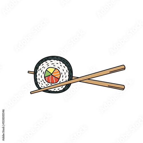Sushi Roll with Chopsticks - Minimalist Food Illustration
