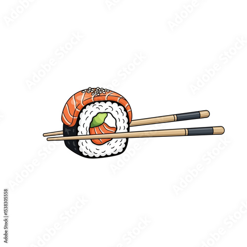 Sushi Roll with Chopsticks - Japanese Cuisine Illustration