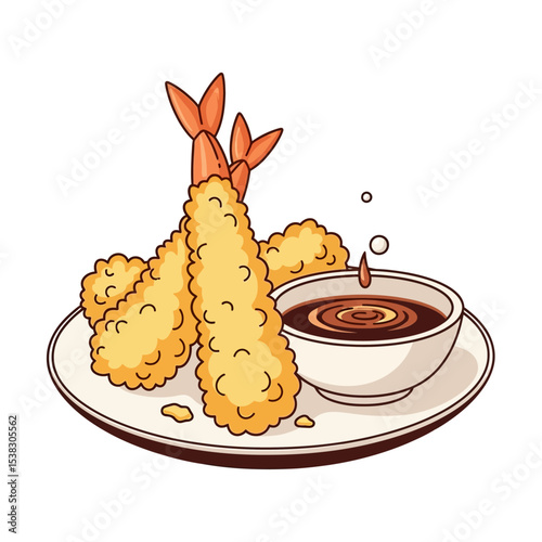 Tempura Shrimp with Dipping Sauce - Japanese Cuisine Illustration