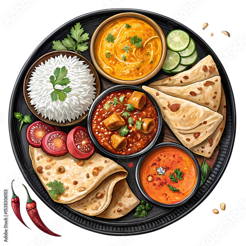 Delicious Indian Thali: A Culinary Journey with Rice, Curry, and Roti