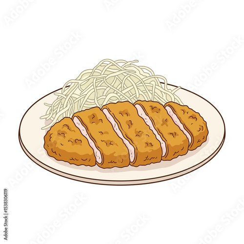 Tonkatsu Meal, Breaded Cutlet with Cabbage Salad, Illustration