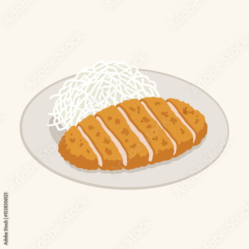 Tonkatsu Delight: Crispy Cutlet and Cabbage Slaw Illustration