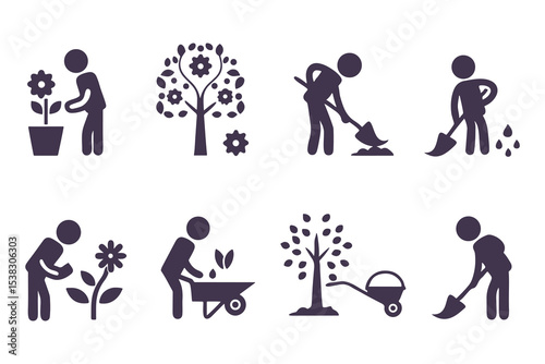 Set of gardening icons with people planting, watering, digging, and using tools. vector illustration for garden, farming, and landscaping.
