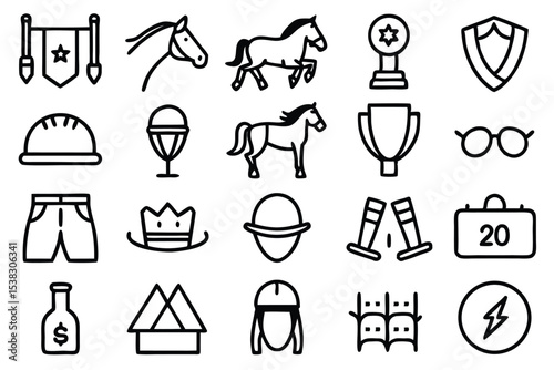 Horse racing themed vector icon set with various equipment and elements in a minimal black line art style