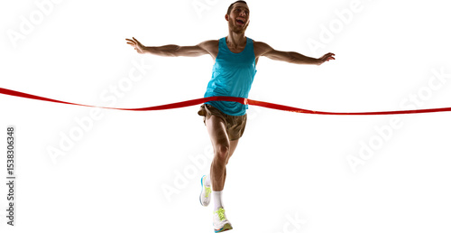 Papier peint Athletic male crosses red ribbon at finish line with open arms, smiling in celebration of achievement, showing energy, speed, and determination on transparent background