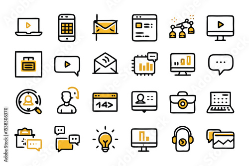 Colorful hand drawn digital icons representing communication technology, business, and information exchange in a simple design