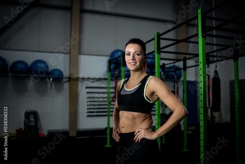 Thirtysomething woman wearing sportswear standing with hands on hips in gym with rig, balls and bag photo