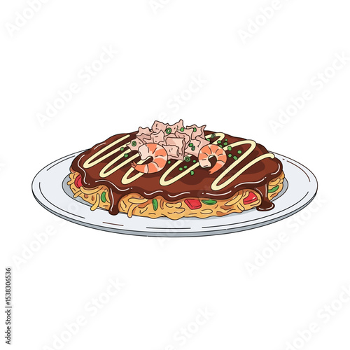 Okonomiyaki Delight: Savory Japanese Pancake Illustration