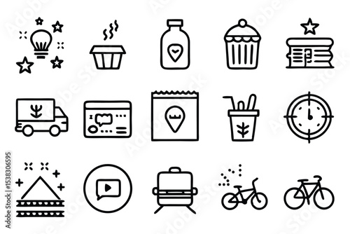 Set of modern minimalist vector icons representing food delivery time travel and various activities.