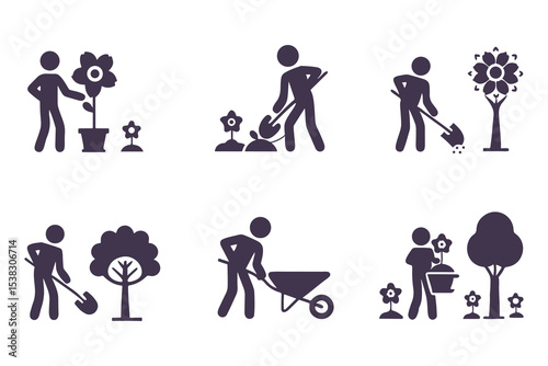 Set of gardening icons with people planting, watering, digging, and using tools. vector illustration for garden, farming, and landscaping.