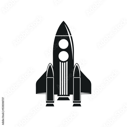 Bold black rocketship icon shows futuristic space vehicle with simple silhouette