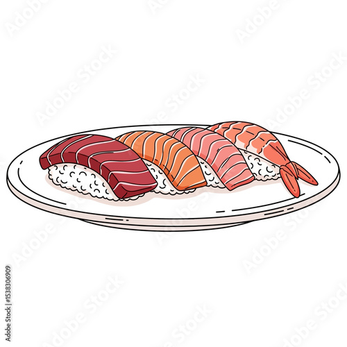 Sushi Nigiri Plate Illustration: Tuna, Salmon, Shrimp