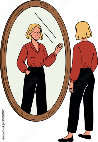 Woman looking at reflection in oval mirror with wooden frame vector illustration 