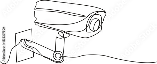 One line drawing of CCTV security camera mounted on wall. Minimalist continuous line art for surveillance and technology concept. Vector illustration