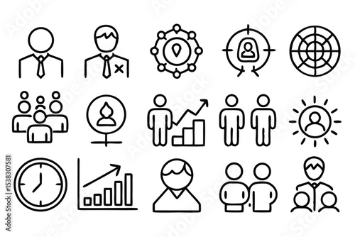 Collection of modern black line vector icons representing business people and concepts like time and success