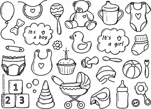 Baby Clothes and Bottle Doodle Set, Cute Infant Wear Sketch, Hand Drawn Vector Design, Parenting Items Illustration, Black and White Set