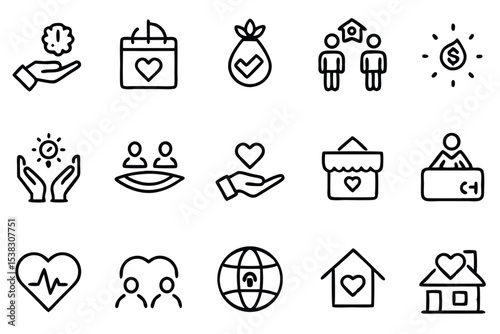 Simple vector line art icons illustrating concepts of charity and giving in humanitarian and social settings