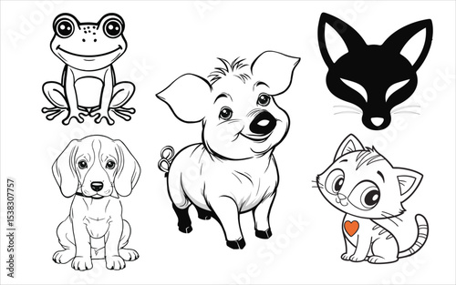 Playful Animal Collection: A charming assortment of adorable cartoon animals in black and white, perfect for creative projects, including a frog, piglet, fox, puppy, and kitten. 