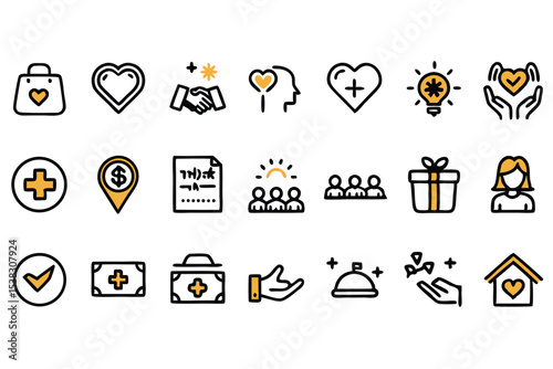 Set of illustrated icons representing kindness, charity, healthcare, generosity, and community focused services.