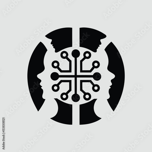 Abstract digital brain representation featuring technological circuitry and human profiles