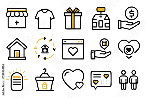 Collection of simple linear icons representing commerce charity and community kindness for business and social media