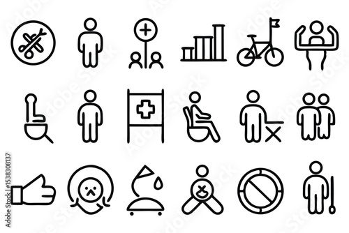 Collection of simple black and white line art icons depicting various activities and healthcare symbols
