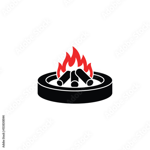 Simple Fire Pit Illustration Black Base, Log Fuel and Bright Red Flames