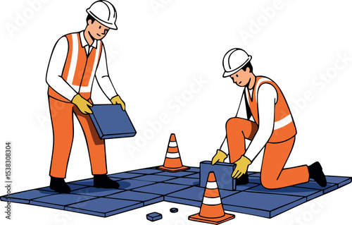 Construction workers laying dark paving tiles with safety cones in orange gear vector illustration 