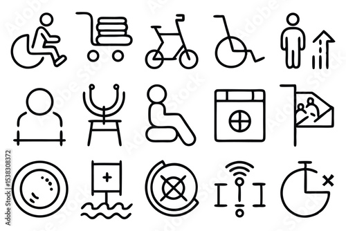Simple black line icons representing accessibility amenities and essential services for various applications