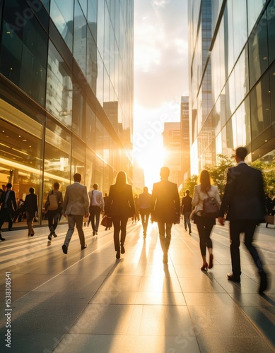 Business professionals walking at sunset between modern skyscrapers, capturing the essence of urban life and corporate culture.