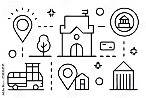 Modern black and white vector illustration of travel destinations and landmarks with clean lines and simple icons