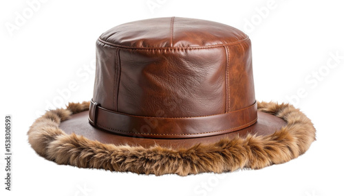 Brown Fur Trapper Hat: Stylish brown leather trapper hat with luxurious fur trim, perfect for winter warmth and outdoor adventures. isolated on solid white background