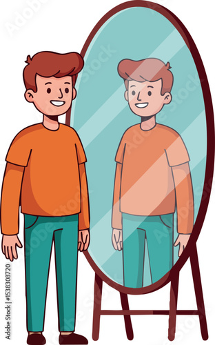 Boy looking at reflection in full length mirror vector illustration smiling in orange shirt and teal pants 