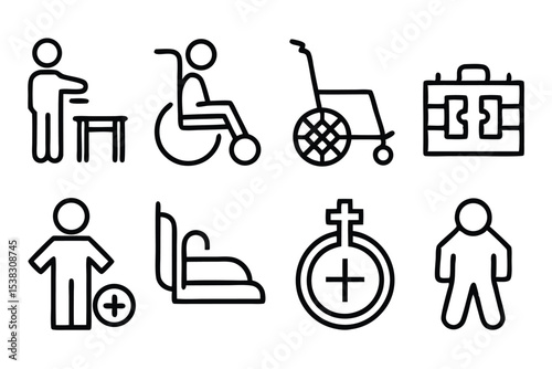 A set of simple black line icons depicting healthcare medical support and accessibility symbols