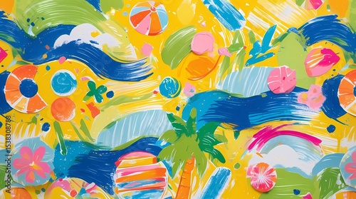 An abstract summer themed background with beach balls and a palm tree design