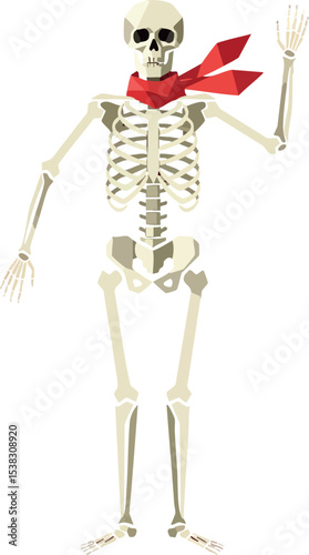 Human Skeleton Wearing Red Scarf Waving Hand Vector Illustration with White Background 