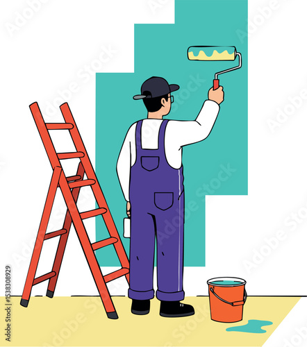Painter applying turquoise paint with roller next to ladder and bucket vector illustration 