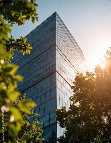 A sleek, modern glass office building with sunlight and green trees, showcasing urban architecture from a low angle.