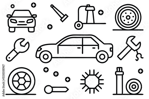 Automotive repair and maintenance illustration featuring car outlines and mechanic tool elements in modern minimalist style