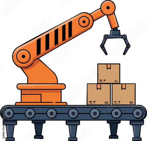 Industrial robotic arm loading cardboard boxes on conveyor belt vector illustration 