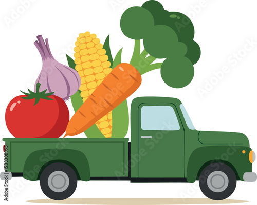 Green pickup truck carrying fresh vegetables including tomato carrot garlic broccoli and corn vector illustration 
