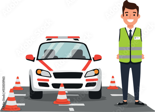 Traffic officer standing beside police car with orange cones on road vector illustration 