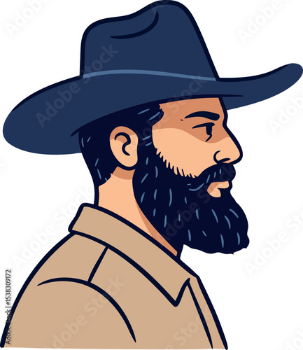 Bearded man profile with wide brim hat and beige shirt vector illustration 