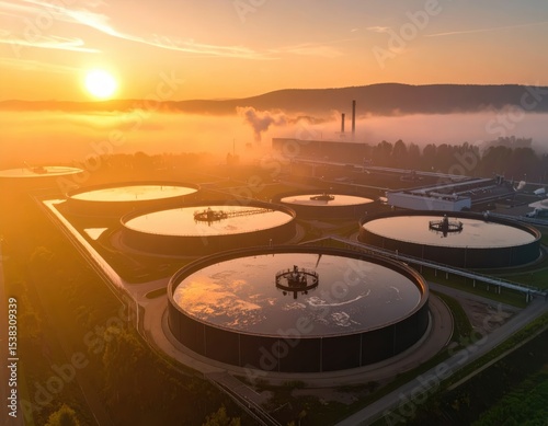 Aerial shot of a water treatment plant at sunrise, with mist and mountains in the background, highlighting industrial and environmental themes.