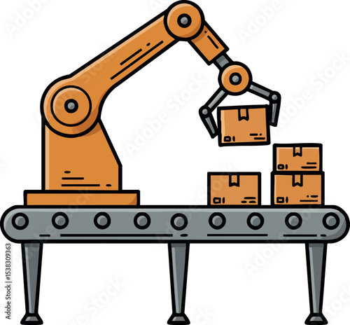 Industrial robotic arm packaging boxes on conveyor belt vector illustration 