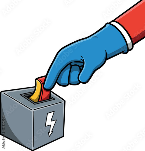 Hand wearing blue glove pulling red lever on grey power switch vector illustration 