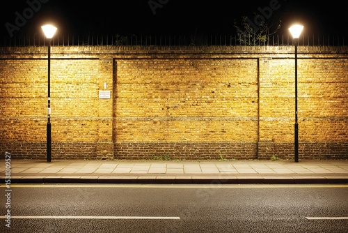 Two streetlights illuminate a brick wall beside a road at night.